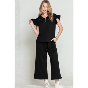 I AM A FASHION JUNKY Black Textured Ruffle Cap Sleeve Top and Wide Leg Pants Set - 1 of 4