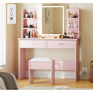 Vanity Desk with Lighted Mirror, Makeup Vanity Set with Power Outlet, Cushioned Stool - 1 of 4