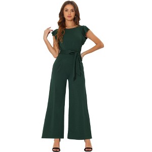 Allegra K Women's Sleeveless Ruffle High Waist Wide Legs Belted Jumpsuits - 1 of 4