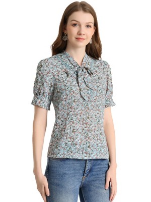 Allegra K Women's V Tie Neck Turn Down Collar Puff Sleeve Floral Blouses