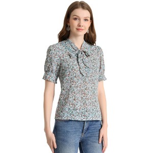 Allegra K Women's V Tie Neck Turn Down Collar Puff Sleeve Floral Blouses - 1 of 4