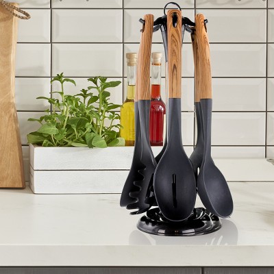 MegaChef Black Nylon 7-Piece Cooking Utensil Set with Wood Design