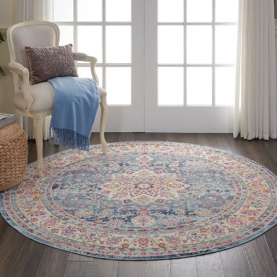 Vintage Kashan Round Blue Synthetic Persian-Inspired Rug, 6 ft