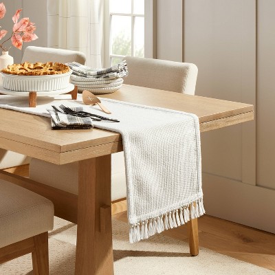 Cream Cotton Pebble Textured Woven Table Runner with Fringes