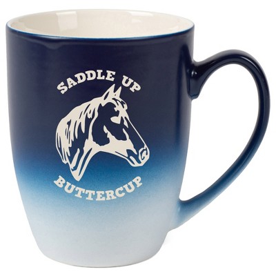 100 North Horse 10 Ounce Navy Blue and White Two Toned Ombre, Comfortably Fits Your Hands, Ceramic Tea Coffee Cup Mug, Saddle Up Buttercup