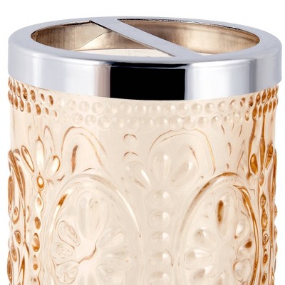 Blush Pink Embossed Glass Toothbrush Holder with Chrome Top