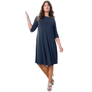 Roaman's Petite Ultrasmooth Plus Size Boatneck Swing Dress – Flowy, Wrinkle-Resistant Knit - 1 of 4