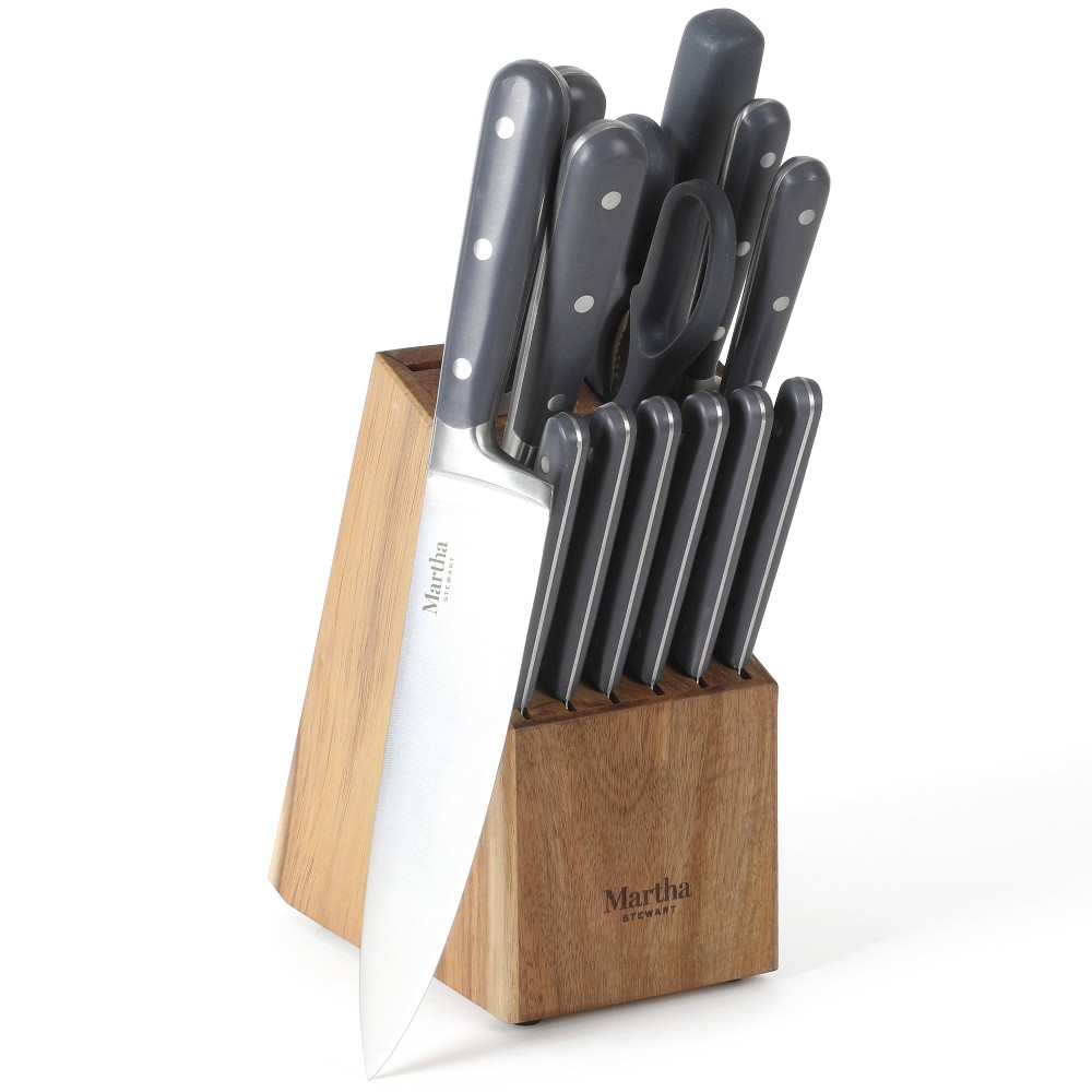 Martha Stewart Eastwalk 14pc Stainless Steel Cutlery Set Acacia Wood Block Gray