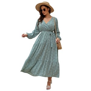 Clearlove Women's Plus Size V-Neck Long Sleeves A-Line Pleated Floor Length Formal Dress - 1 of 4