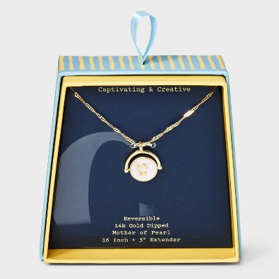 14K Gold Dipped Crystal and Mother of Pearl Circle Spinner Initial Necklace - A New Day™