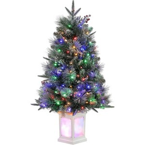 4.5ft Prelit Artificial Christmas Trees with 200 Warm Lights & 20 Clusters Red Berry, Artificial Potted Xmas Tree with 8 Lighting Modes, Elk Base - 1 of 1