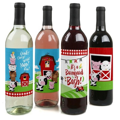 Big Dot of Happiness Farm Animals - Barnyard Baby Shower or Birthday Party Decorations for Women and Men - Wine Bottle Label Stickers - Set of 4