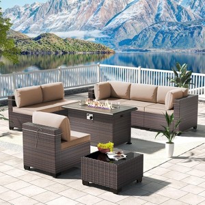 ALAULM Outdoor Patio Furniture Set Outdoor Sectional Rattan Sofa Set Brown Manual Wicker Patio Conversation Set with Cushions - 1 of 4
