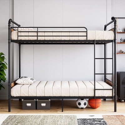 Homhougo Bunk Bed Twin Over Twin with Ladder and High Guardrail, Twin Size Convertible Metal Bunk Beds for Kids/Teens/Adults, Easy Assembly, Brown