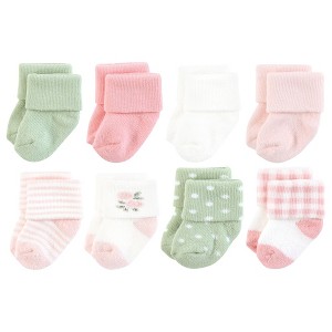 Hudson Baby Infant Girls Cotton Rich Newborn and Terry Socks, Pink Sage Rose - 1 of 4