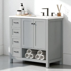 36" Bathroom Vanity with Sink – Freestanding Cabinet with Ceramic Top, 2 Drawers, 2 Doors, Open Shelf,Right-Side Sink,MDF and Solid Wood Construction - 1 of 4