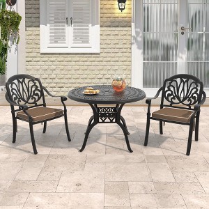 3-Piece Cast Aluminum Outdoor Dining Set: Round Table, Stackable Chairs & Brown Cushions - All-Weather Patio Furniture for Your Backyard - 1 of 4