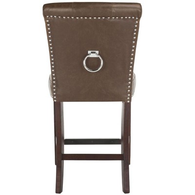 Transitional Tufted Brown Leather Counter Stool - Set of 2