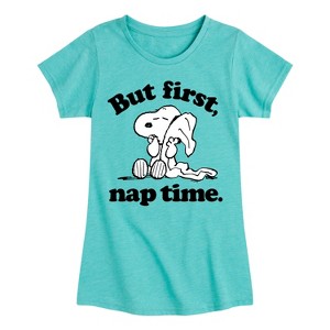 Girls' - Peanuts - Snoopy But First Nap Time Fitted Short Sleeve Graphic T-Shirt - 1 of 4