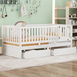 NicBex Twin Size Wood Montessori Bed with 2 Drawers,Floor Bed with Safety Guardrails and Split Into 2 Beds,Modern Toddler Bed for Bedroom,White - 1 of 4