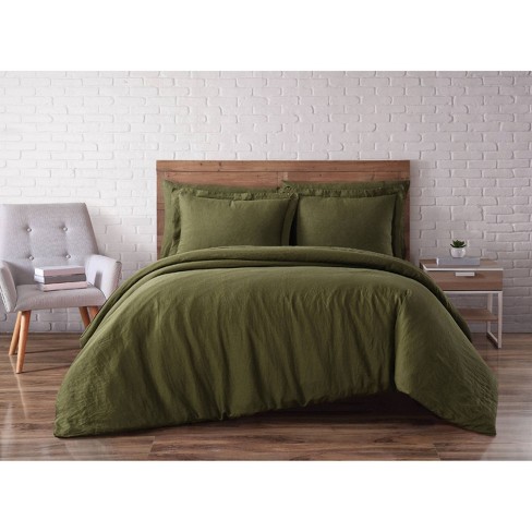 King 3pc Flax Linen Duvet Green Set : - Brooklyn Loom Olive Target