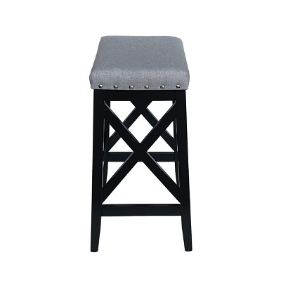 Black Rubberwood Backless Barstools with Light Gray Upholstered Seats, Set of 2