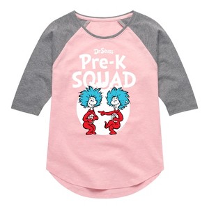 Girls' - Dr. Seuss - Pre-K Squad  Thing 1 and Thing 2 Shirt Tail Raglan Graphic T-shirt - 1 of 4