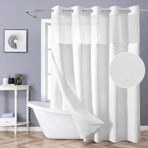 White No Hook Shower Curtain with Snap - in Fabric Liner Set, Slub Textured Fabric Bathroom Shower Curtain - 1 of 4