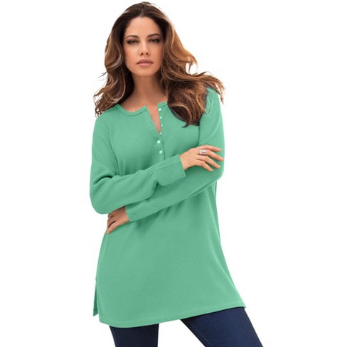 Roaman's Women's Plus Size Thermal Henley Tunic - M, Soft Jade : Target