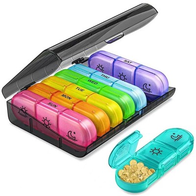 EZY DOSE Weekly (7-Day) Pill Case, Medicine Planner, Vitamin Organizer Box,  4 Times a Day, X-Large Push-Button Compartments, Convenient and Easy to