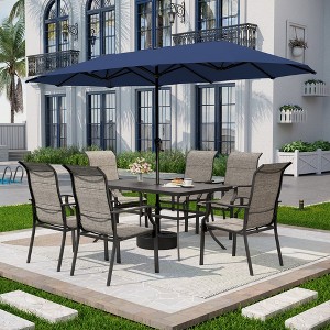 Captiva Designs 8pc Outdoor Dining Rectangle Steel Table & Padded Sling Armchairs & Market Umbrella - 1 of 4