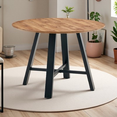 42" Round Wood-Texture MDF Coffee Table with Metal Legs