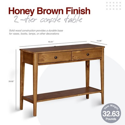 Honey Brown Mid Century Pine Wood Console Table with Storage