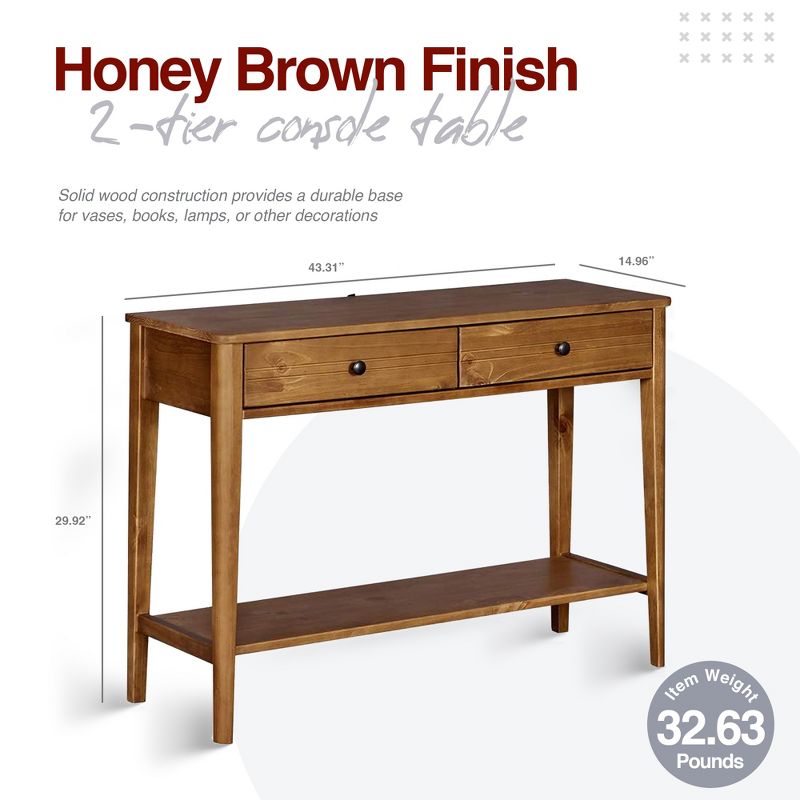 MUSEHOMEINC California Mid Century Contemporary Classic Solid Wood 2 Tier Console Entryway Table with Storage Drawers, Honey Brown, 4 of 10