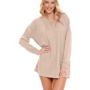 ADR Women's Pajamas Set, Soft Ribbed Knit Waffle Oversized Sleep Shirt, V-neck Nightshirt Sweater Top - 1 of 4