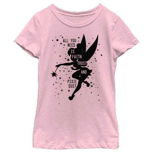 Girl's Peter Pan Tinkerbell Faith Trust and Pixie Dust T-Shirt - Light Pink  - Large