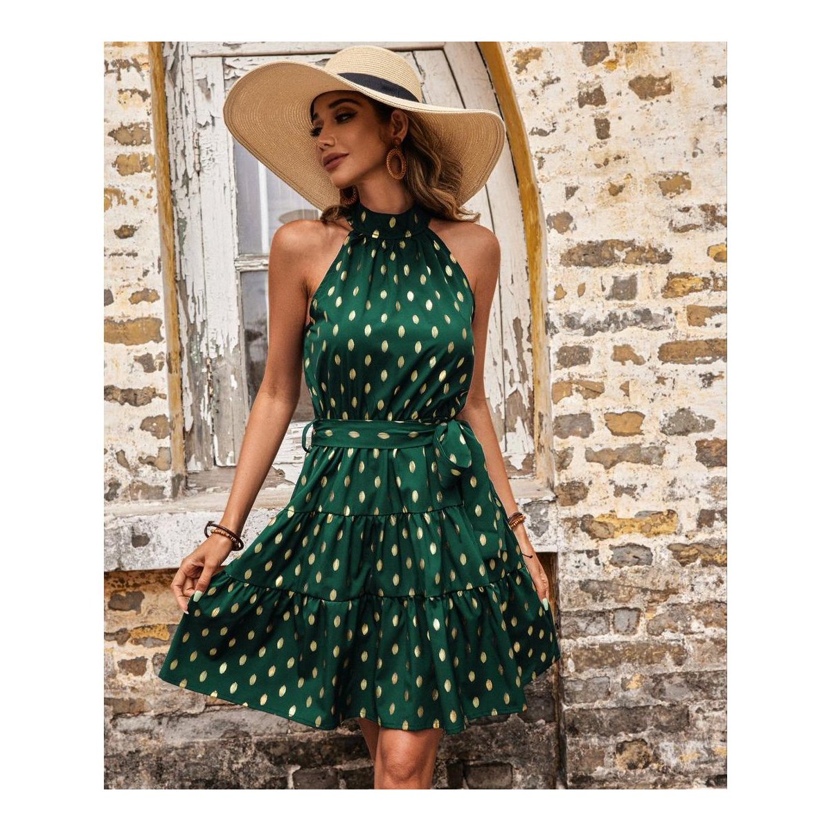Женские платья Garvee Women's Summer Dress Halter Neck Polka Dot Midi Dresses with Waist Tie,L,Green — фото 3