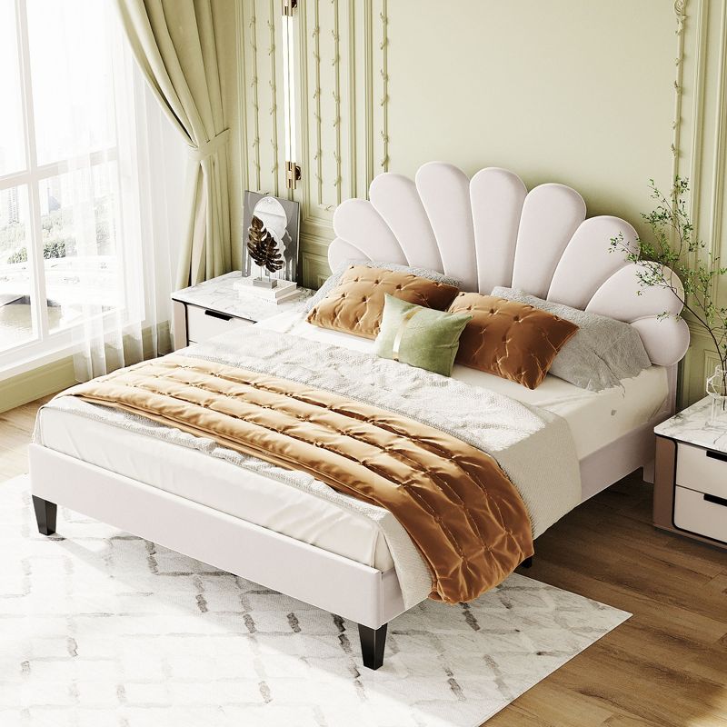 Upholstered Wood Platform Bed with Flower Pattern Velvet Headboard-ModernLuxe, 1 of 13