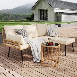 Modern 3-Piece Outdoor Sectional Couch, Wicker Patio Conversation Set with Washable Cushions, Detachable Lounger, and Round Coffee Table, Beige - 1 of 4