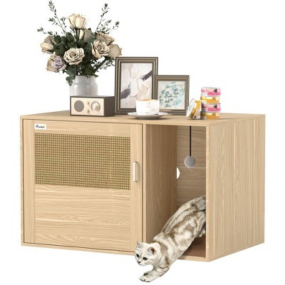 PawHut Boho Style Cat Litter Box Enclosure with Rattan Door, Scratching Mat, Non-slip Foot Pads, Cat Litter Funiture End Side Table, 31.5" x 20" x 20"