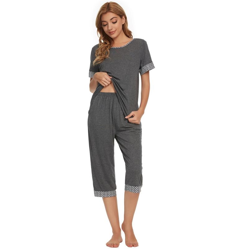 cheibear Womens Round Neck Pajama Set with Capri Pants Casual Lounge Sleepwear, 2 of 6