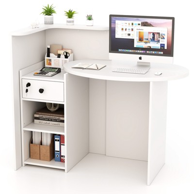 Tangkula Reception Desk Front Counter Desk with Lockable Drawer & Adjustable Shelf Oval Desktop Retail Counter for Checkout Computer Workstation
