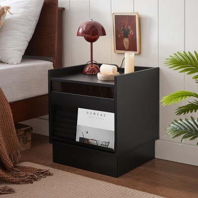INFURNIC Nightstands Mid Century Modern Nightstand with 2 Drawers and Storage Shelf for Bedroom or Living Room, Black, 17"*15.75"*19.2"