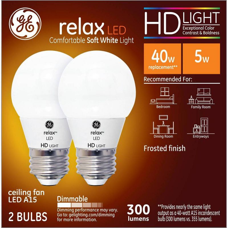 GE 40W 2pk Equivalent Relax LED HD Ceiling Fan Light Bulbs Soft White, 1 of 6