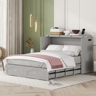 Queen/Full Size Murphy Bed Wall Bed with Drawer and A Set of Sockets & USB Ports - ModernLuxe