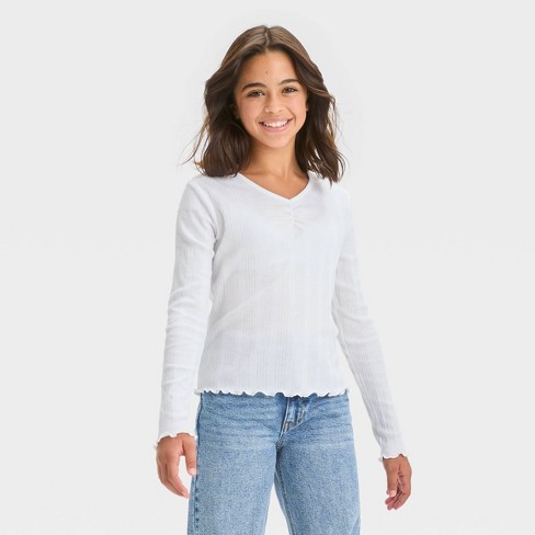 Long Sleeve Ruffle T-shirt White 65/35 % Polyester/cotton 