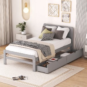 Lyngins Modern Twin Size Bed Frame with Headboard, Platform Bed with 2 Storage Drawers, No Box Spring Needed, Space-Saving Storage Beds - 1 of 4