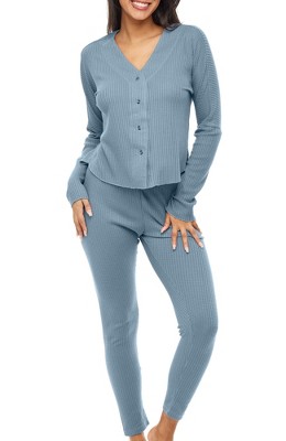 ADR Women's Pajamas Set, Soft Ribbed Knit Waffle Pajamas Lounge Set, Long Sleeve Drop Shoulder V-neck Top and Leggings PJ Pants
