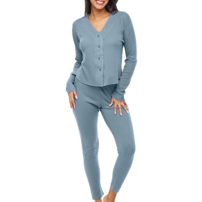 Women's Soft Ribbed Waffle Rib Knit Pajamas Lounge Set, Long Sleeve Drop Shoulder V-neck Top and Leggings PJ Pants, 1 of 8