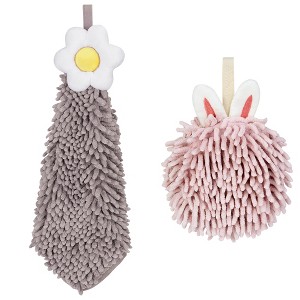 REGALWOVEN 2 Packs Soft Absorbent Flower Pattern Chenille Hand Towel with Loop 6" x 15"/7" x 7" - 1 of 4